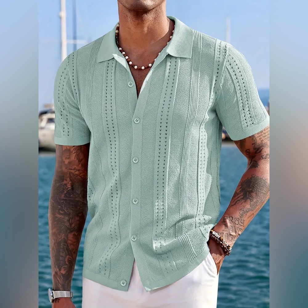 🆕Coofandy Button Down Casual Green Short Sleeve Shirt S